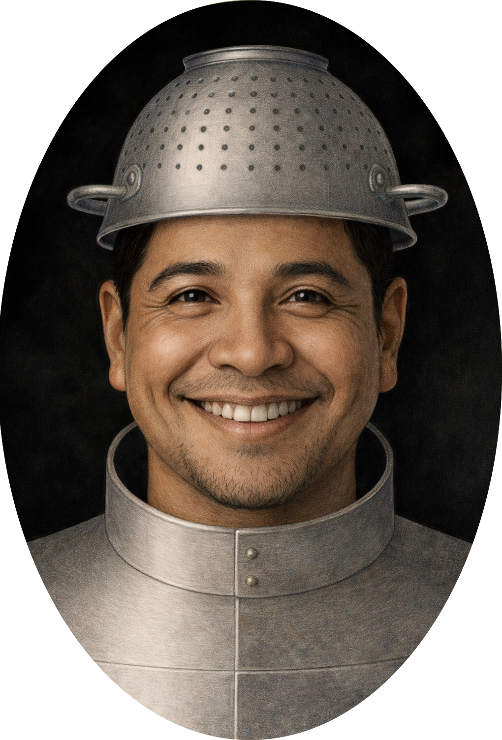 Funny man in colander helmet