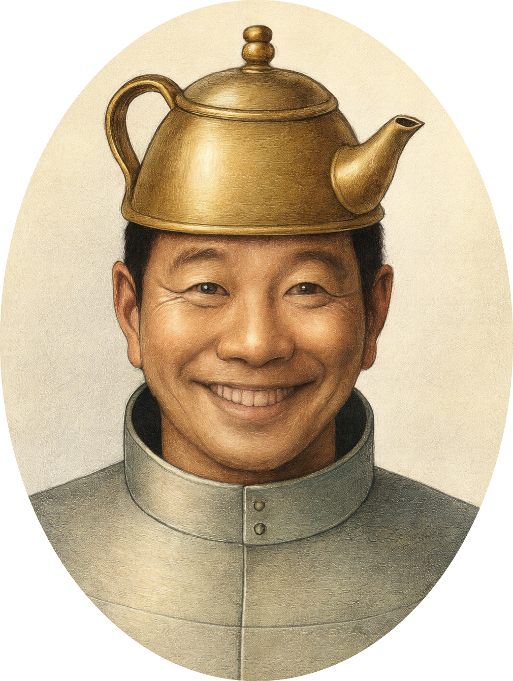 Smiling man with teapot hat
